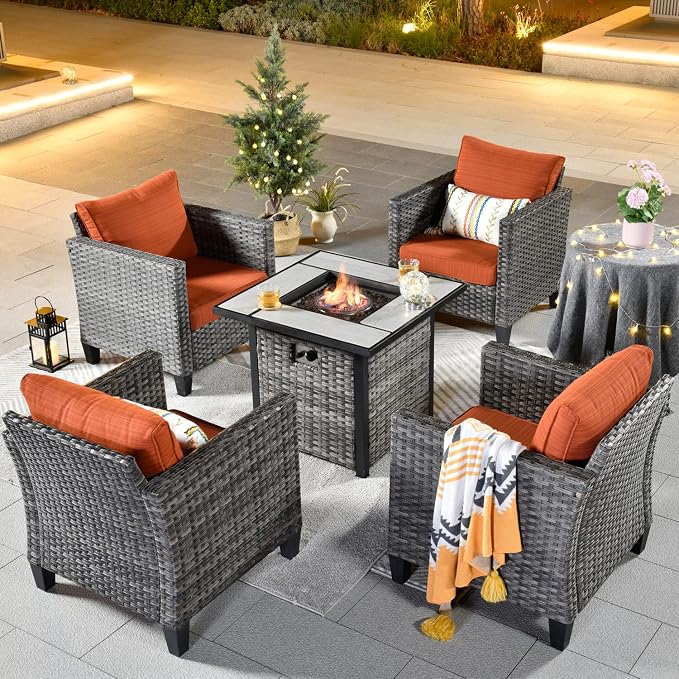 ovios 5 Pieces Patio Furniture Set, Outdoor Wicker Rattan Chairs of 4 with 30" Fire Pit Table, High Back Chair Conversation Sets for Porch Deck Garden, Orange Red