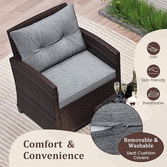 ORALNER 3 Pieces Patio Furniture Set, Outdoor Wicker Conversation Set Rattan Chairs with Cushions, Glass Coffee Table, Bistro Set for Front Porch Balcony Garden Deck Poolside (Grey)
