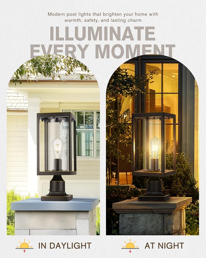 Beionxii Outdoor Post Lights, 20in Post Lantern with Pier Mount Base, Aluminum Street Lights with Glass, Fence Post Deck Lighting for Garden, Patio, Pathway, BXA291-P-2PK-O (NOT Solar, 110-120V AC)
