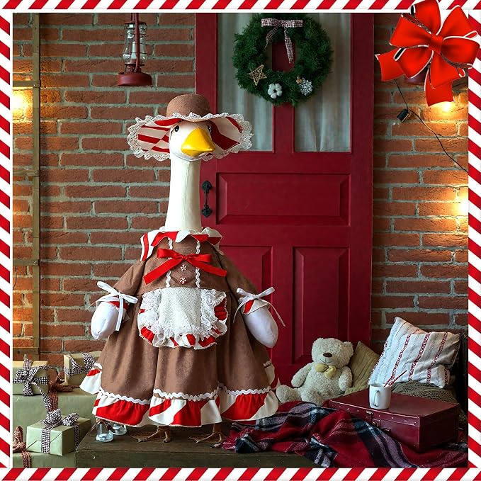 Christmas Porch Goose Outfit 23 Inch Red White Candy Goose Clothes for Cement or Plastic Geese Costume for Yard Lawn Garden Patio Outdoor Concrete Santa Duck Statue Dresses Gingerbread Holiday Decor