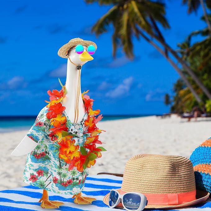 4 Pcs Hawaiian Porch Goose Outfit for 23 In Goose Statue Costume | Summer Porch Goose Outfits with Straw Hat Sunglasses and Lei, for 23 Inch Cement Goose, Luau Party Yard Garden Summer Decor