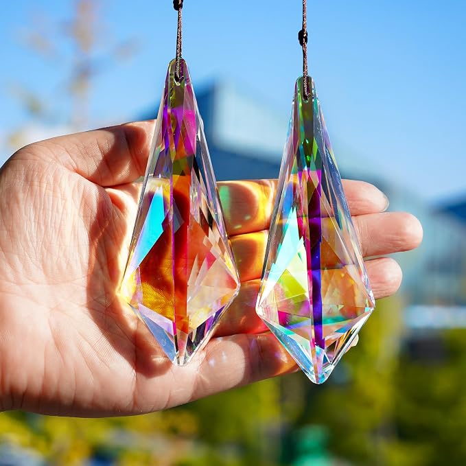 2 Pcs AB Coating Crystal Horn Prism Suncatcher Rainbow Window Decor | AB Coating Crystal Horns Prisms Suncatcher Rainbow Maker Hanging Pendants for Wedding Party Christmas Tree Window Decor