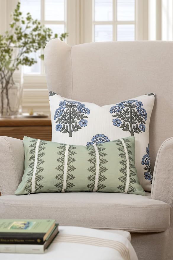 California Casual Coastal Indoor Outdoor Lumbar Pillow Cover, 12"x20" Water Repellent for Patio, Backyard, Couch, Poolside, Olive Light Green Print Leaves Stripes