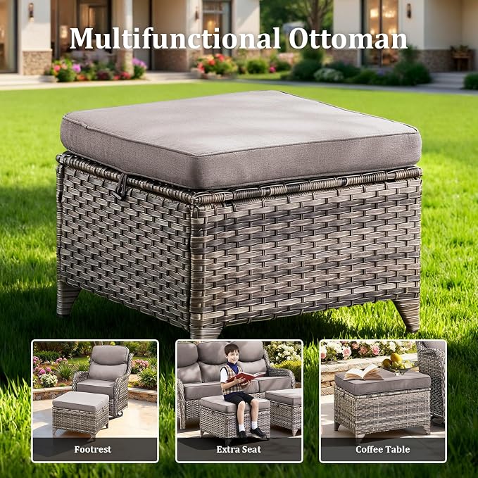 Luxury Patio Furniture Set with 42.5" Fire Pit Table, 6 Pieces High Back All Weather Wicker Outdoor Furniture w/ 6-Inch Thick Cushions, Patio Swivel Chairs Couch for Deck Balcony Backyard Grey