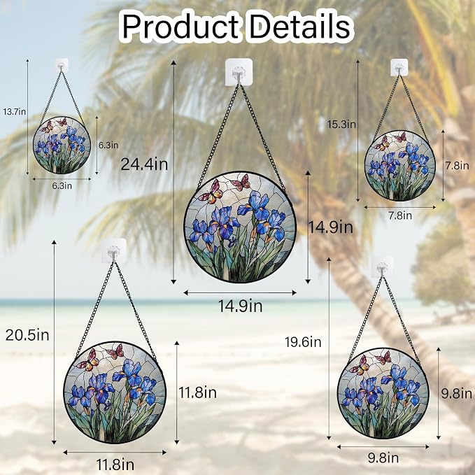 DASTOLL Stained Glass Window Hanging, Blue Iris Flowers Butterfly Suncatcher Diamond Colorful Glass Panel Sun Catchers Decor for Birthday for Women, Men, Wife, Aunt, and Mom 9.8 in