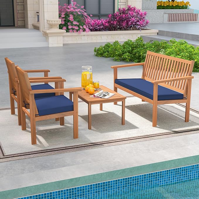 Tangkula 4 Piece Patio Wood Furniture Set, Acacia Wood Sofa Set w/Loveseat, 2 Chairs & Coffee Table, Soft Seat Cushions, Outdoor Wood Furniture Set for Porch, Yard, Balcony (Navy)