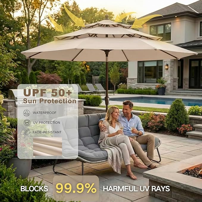 Kingdura 10ft 3-Tier Patio Umbrella, Outdoor Table Umbrella with Easy Crank & Tilt, 8 Reinforced Ribs, UV Protection for Deck, Pool, Market, Backyard (Beige)