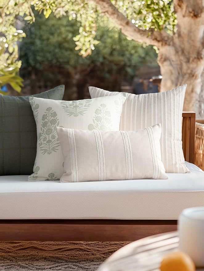 Modern Farmhouse Fall Linen Indoor Outdoor Lumbar Pillow Cover Only, 12"x20" Water Repellent for Patio, Backyard, Couch, Neutral Beige Embroidered Stripes