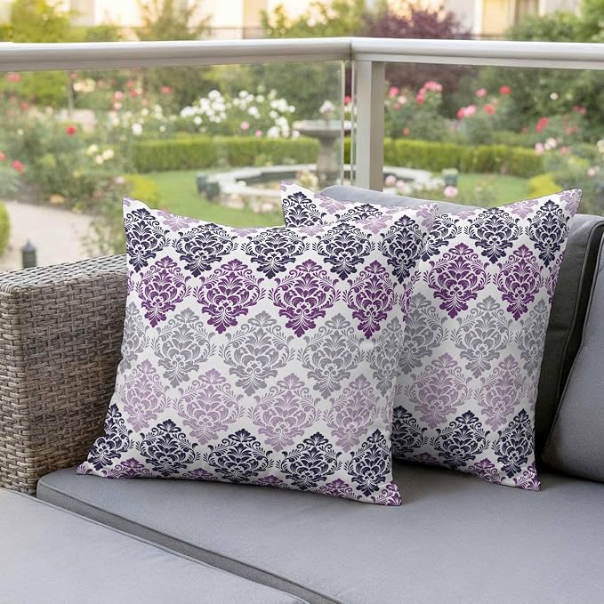 Vintage Floral Outdoor Pillow Covers Set of 2 Black Purple Flower Pattern Country Gradient Waterproof Throw Pillow Cover Decorative Cushion Cases for Patio Porch Garden 18X18 Inch