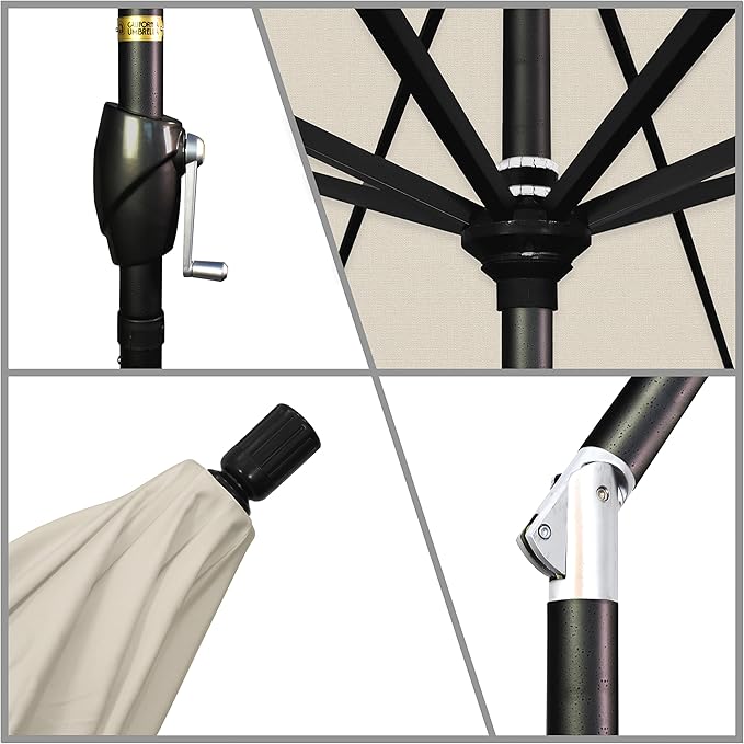 California Umbrella 9' Round Aluminum Market Umbrella, Crank Lift, Push Button Tilt, Black Pole, Antique Beige Olefin
