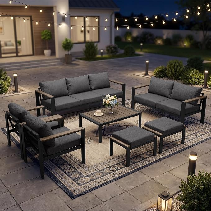 Outdoor Patio Furniture Set 9 Seats Luxury Aluminum Patio Conversation Set with Washable Thick Cushions, 7 Pieces Outdoor Sectional for Porch, Balcony, Deck, Yard, Dark Gray