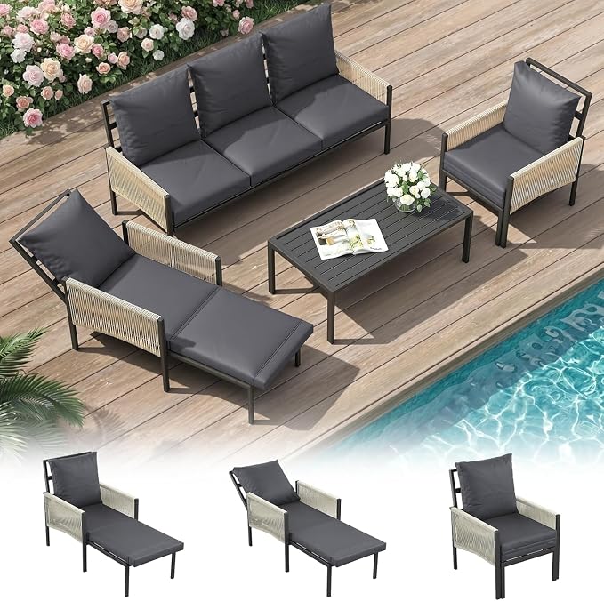 AECOJOY Aluminum Patio Furniture Set 10 Seats Outdoor Sectional Couch with Coffee Central Table Patio Conversation Sets for Porch Deck (Dark Grey, 8PCS, 10 Seat)