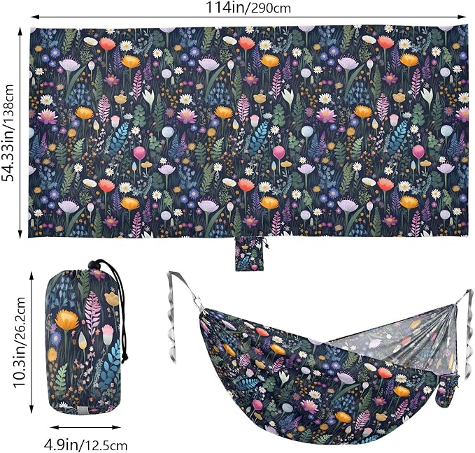 Camping Hammock Outdoor Hammocks for Outside Wild Flowers Black Beach Trees Portable Lightweight with Pockets Tree Straps Indoor