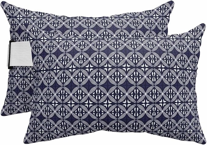 Blue Geometric Abstract Outdoor Pillows for Chaise Lounge Chair Beach Headrest Pillow Set of 2 Waterproof Lumbar Pillows with Insert&Strap Contemporary Modern Art White Pillow for Patio Pool 11"x16"
