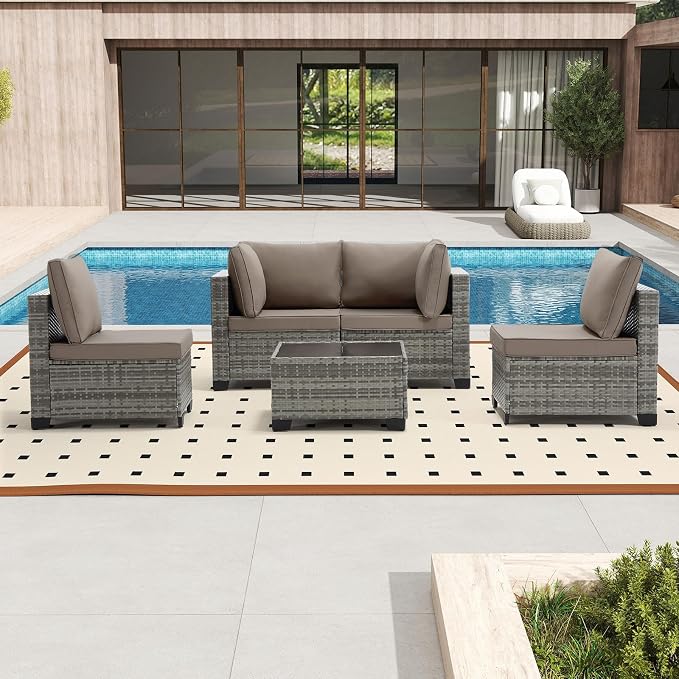 Bonzy Home 5 Pieces Outdoor Patio Furniture Set, PE Rattan Outdoor Sectional Furniture Sofa Set with Removable Cover and Glass Coffee Table, Patio Sofa for Balcony, Porch, Garden, (Grey-Khaki)