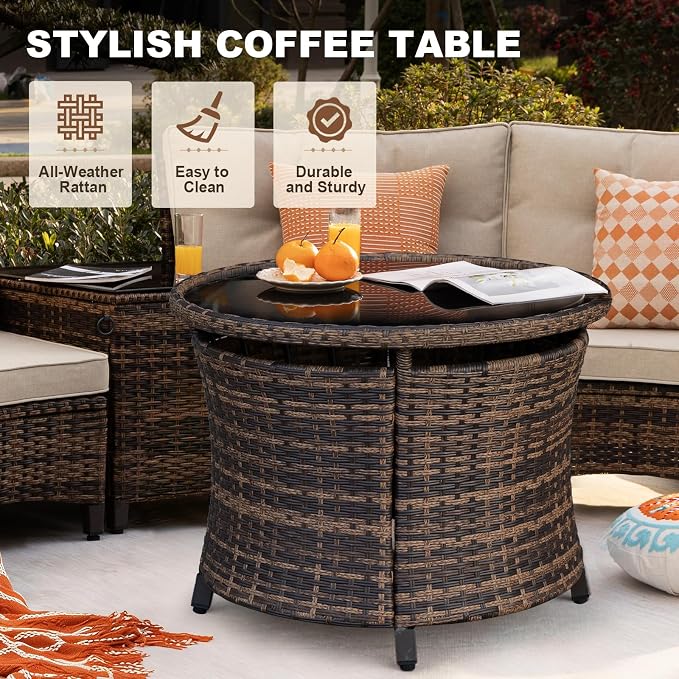 MEISSALIVVE 9-Piece Half-Moon Curved Outdoor Patio Furniture Set, Sectional Conversation Sofa with 2 Swivel Glider Chairs, Round Coffee Table for Backyard Deck Garden, Beige