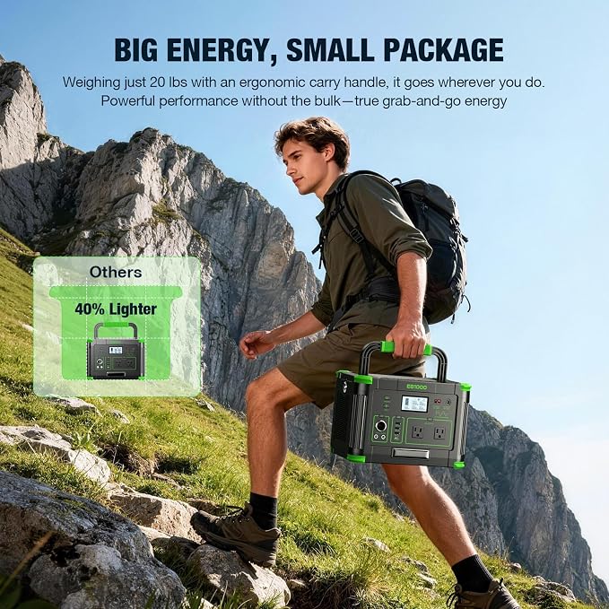 Portable Power Station 1000W, 999Wh Solar Powered Generator with 120V AC Outlet, PD 60W Fast Charging Backup Lithium Battery Pack Power Supply for Outdoor Home Camping Travel Emergency RV Van