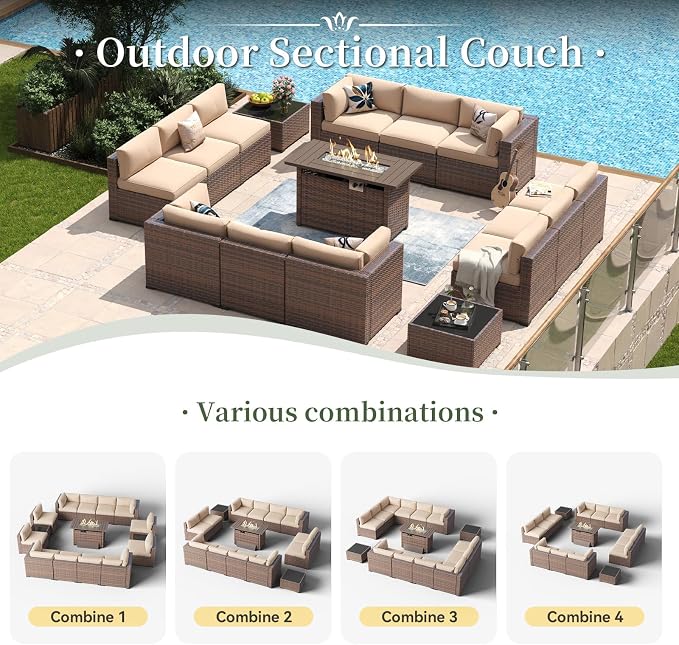 Aoxun 15 Piece Patio Furniture Set with 44” Fire Pit Table Wicker Rattan Outdoor Sectional Sofa Set with Coffee Table and Thickened Cushions, Beige