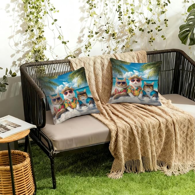 18x18 Inch Outdoor Pillow Covers Set of 2 Waterproof Throw Pillow Covers Decorative Couch Cushion Covers Beach Cats with Sunglasses Square Pillowcases Protectors for Patio Garden Sofa