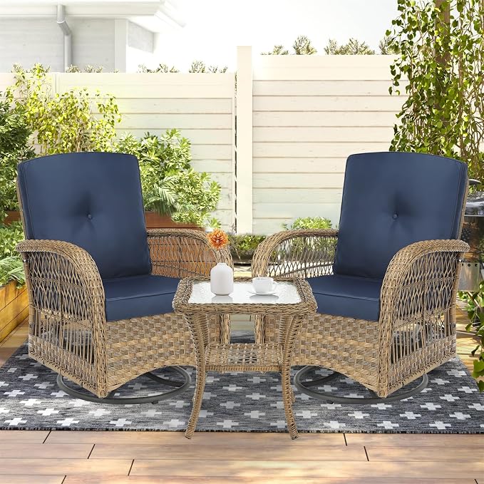 3-Piece Patio Wicker Conversation Bistro Set, Rattan Gliding Rocking Swivel Chairs with Cushion and Glass Top Side Table Outdoor Furniture Sets for Garden Backyard, Navy Blue