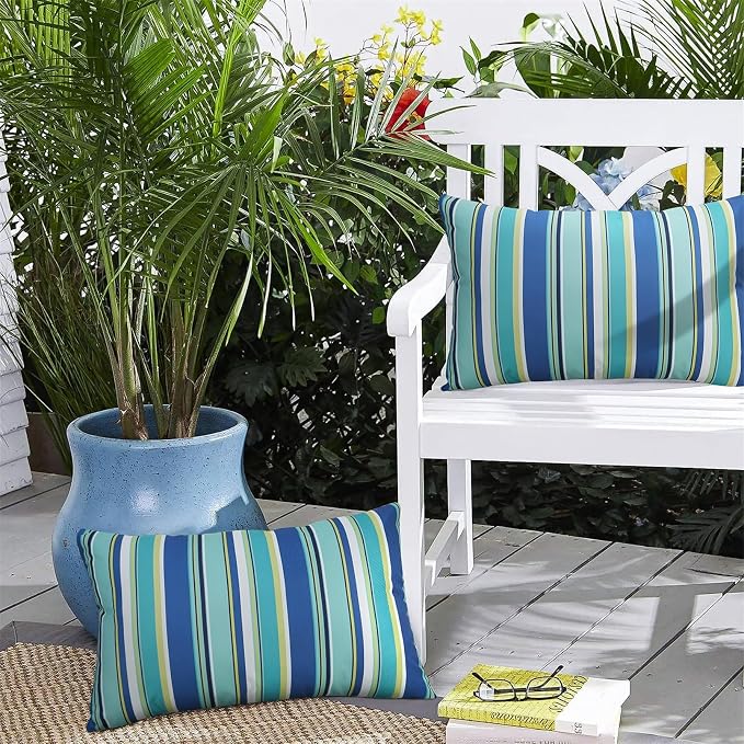 Adabana Patio Striped Outdoor Pillow Covers Waterproof Set of 2, 12"x20" | Colorful Decor, Blue Outdoor Pillows for Patio Furniture Garden Porch