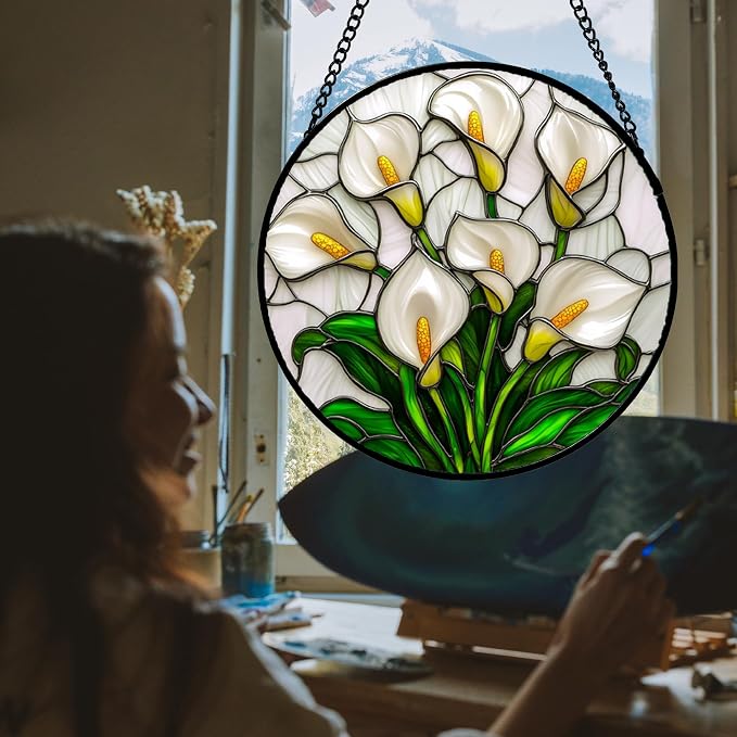 DASTOLL Stained Glass Window Hanging, White Calla Lily Suncatcher Diamond Glass Panel Hangings Flowers Sun Catchers Decor for Birthday for Women, Men, Wife, Aunt, and Mom 14.9x14.9 in