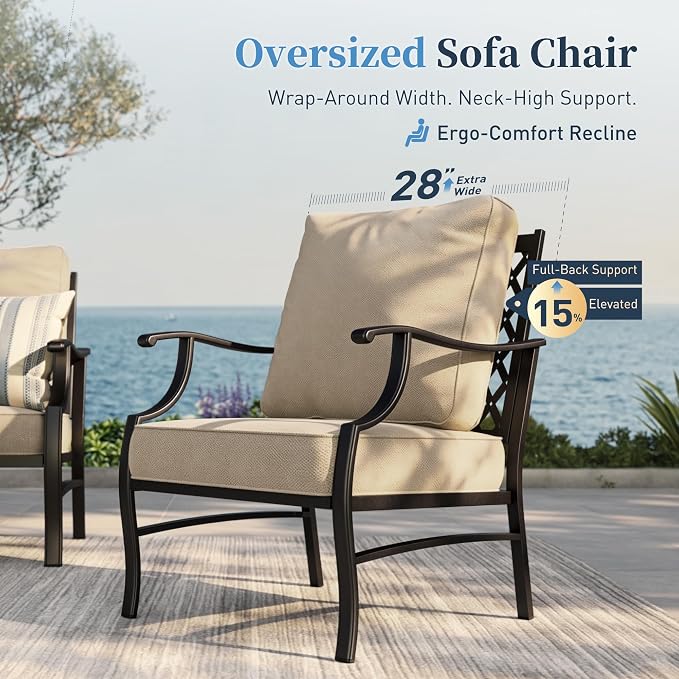 SUNSHINE VALLEY Patio Furniture Set, 4 Piece Modern Metal Outdoor Patio Furniture, 3 Seater Couch, 2 Fixed Chairs, Coffee Table and 5.75" Extra Thick Cushion, Patio Conversation Set for Backyard Deck