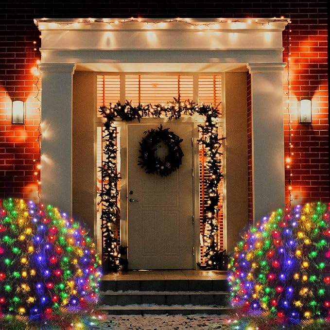 Pooqla Colorful Net Lights, 15x 5ft Christmas Lights Outdoor Clear Wire | 300 LED Large Net Mesh Lights Plug in, 8 Modes Waterproof Connectable Multicolor Bushes Lights for Christmas Hedge Yard Decor