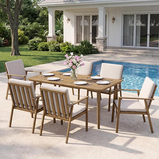 7 Pieces Patio Dining Set for 6, Never-Rust Aluminum Outdoor Table and Chairs Set with Cushions, Modern Patio Furniture with Umbrella Hole, 6 Pario Chairs & Table for Backyard Deck Pool, Teak