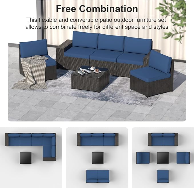 Patio Furniture Set, 6PCS Outdoor Sectional with Ottoman Wicker Rattan Patio Couch with Thickened Cushion Modular Wicker Patio Conversation Set with Glass Top Table for Balcony, Backyard(Blue)
