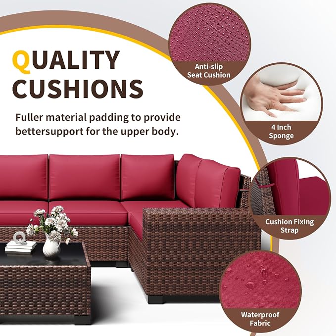 Outdoor Patio Furniture Set, 8'' Wide armrest Outdoor Sectional Rattan Sofa Set, Wicker Patio Furniture Sets w/Coffee Table,Thick Cushions and Cover for Porch, Balcony,Deck 6 PCS(Brown&Wine)