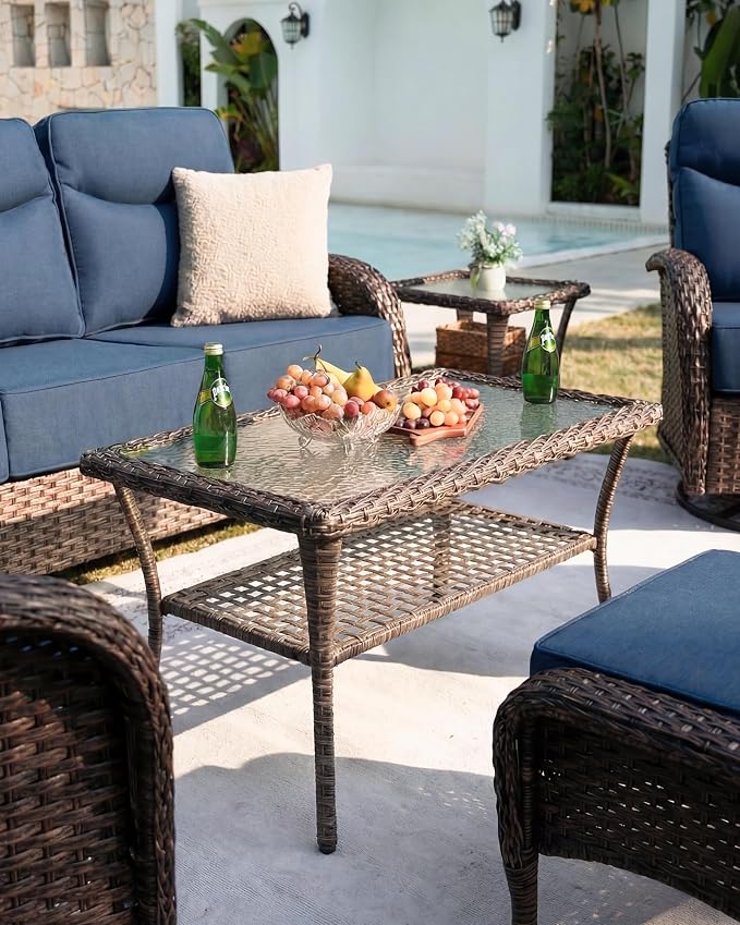 Belord Upgraded 6“ Cushion Luxury 10 Piece Patio Furniture Set - All Weather Wicker Outdoor Furniture with Swivel Rocker Patio Chairs, High Back Conversation Set for Deck Porch Yard - Brown/Blue