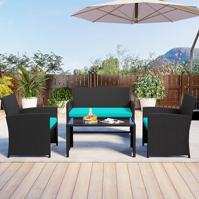 HAPPYGRILL 4 Piece Rattan Wicker Patio Conversation Set, Outdoor Furniture with Chair Loveseat Table & Cushion, for Backyard Porch Balcony (2, Black & Turquoise)