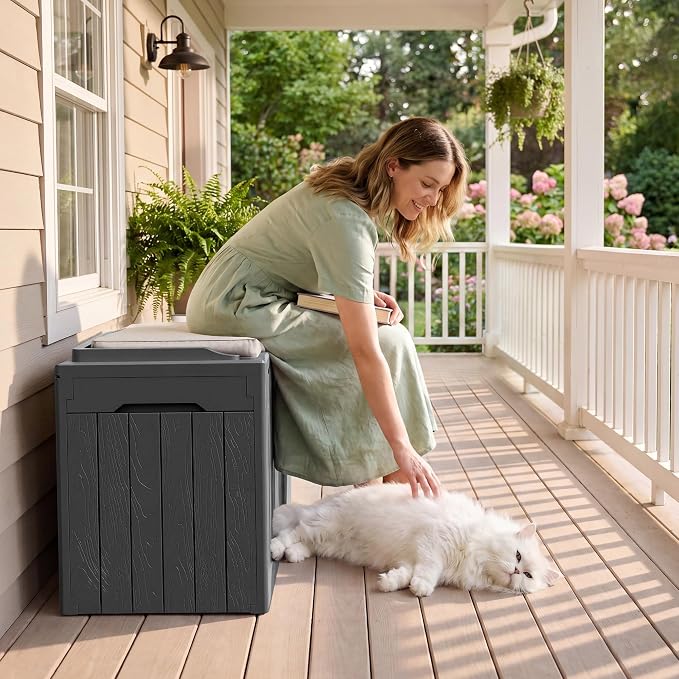 JUMMICO 31 Gallon Resin Deck Box Waterproof Indoor Outdoor Storage Boxes for Patio Furniture Cushions and Garden Tools (Gray)