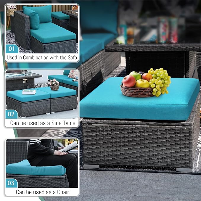 RADIATA 7 Piece Wicker Patio Furniture Set with Fire Pit, All-Weather Outdoor Sectional Couch High Back Large Size, Modular Backyard Seating Sofa Set with Propane/Natural Gas Firepit Table, Grey&Teal