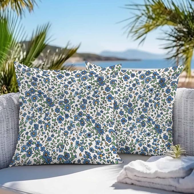 JasmineM Outdoor Pillow Cover Set of 2 Farmhouse Botanical Herbs Waterproof Throw Pillow Covers Blue White Decorative Pillowcases Garden Cushion Case for Patio Couch Sofa 18x18 Inch