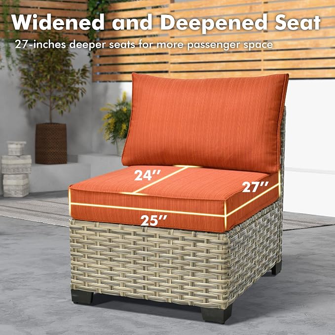 Weaxty 10 Pieces Outdoor Patio Furniture Set with Swivel Rocking Chair, Outdoor Sectional Sofa Couch Wicker Modular Patio Conversation Set w/42 Fire Pit and Coffee Side Table,Orange