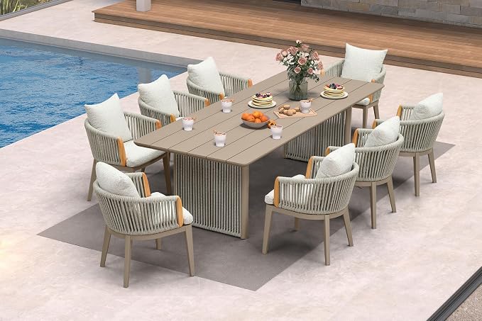 PURPLE LEAF 9 Pieces Outdoor Dining Set for 8, Aluminum Outdoor Patio Table and Chairs Set with Olefin Cushions, All-Weather Patio Dining Set for Garden or Deck, Beige