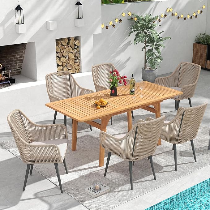 Patiorama 7-Piece Outdoor Dining Set, Patio Wicker Dining Table Chair Set with 55"-71" Acacia Wood Expandable Table & Twisted Rattan Rope Chairs, All-Weather Dining Furniture Set for Yard Garden, Tan