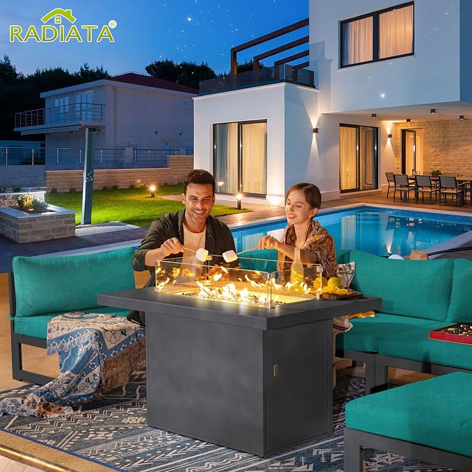 RADIATA 6 Person Large Modern Aluminum Outdoor Patio Furniture Set with Fireplace, 29" Wide Deep Seating, L Shaped Combo Sectional Couch, Water Resistant Conversation Set for Backyard Terrace, Teal