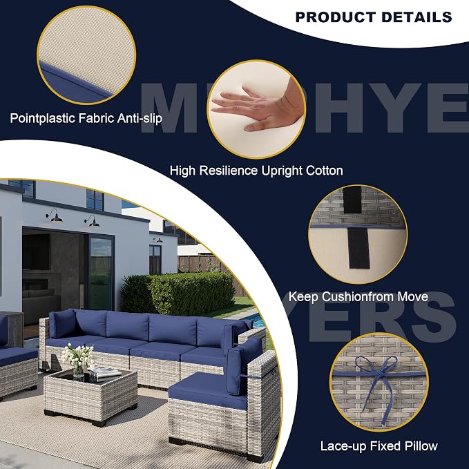 11-Piece Outdoor Patio Furniture Set with Rocking Swivel Chair, Wicker Rattan Sectional Sofa Conversation Set with 55,000 BTU Fire Pit Table, Backyard Furniture, Navy Blue