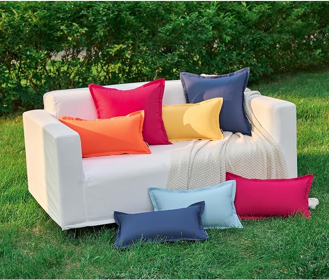 LIGICKY Yellow Outdoor Lumbar Pillows Waterproof Pillow Covers 12x20 Inch Pack of 2 Decorative Rectangle Solid Color Pillows with Wide Edge Cushion Cover for Patio Tent Garden Couch Balcony