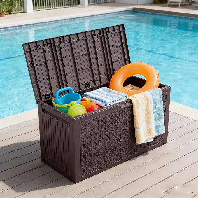 90 Gallon Outdoor Storage Box with Seat Lockable Deck Box Waterproof Brown Plastic Patio Storage Bench Patio Cushions Garden Tools Organizer UV Resistant for Furniture Polypropylene Resin