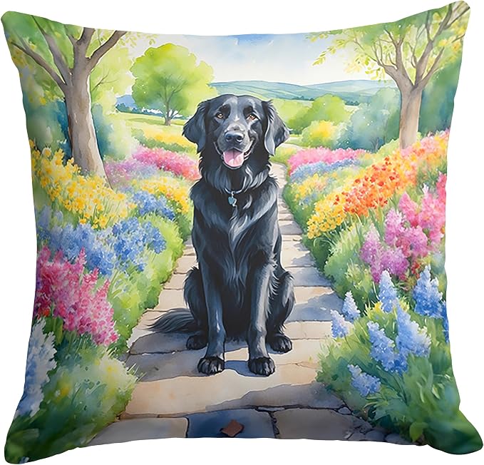 Caroline's Treasures Flat-Coated Retriever Spring Path Throw Pillow Machine Washable, Indoor Outdoor Decorative Pillow for Couch, Bed or Patio, 14Hx14W