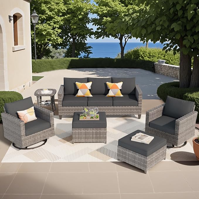 ovios 6 Pieces Patio Furniture Set, Outdoor Wicker Rattan Sofa Couch with Swivel Glider Chairs Comfy Cushions, Modern Conversation Set for Deck Backyard Porch, Black