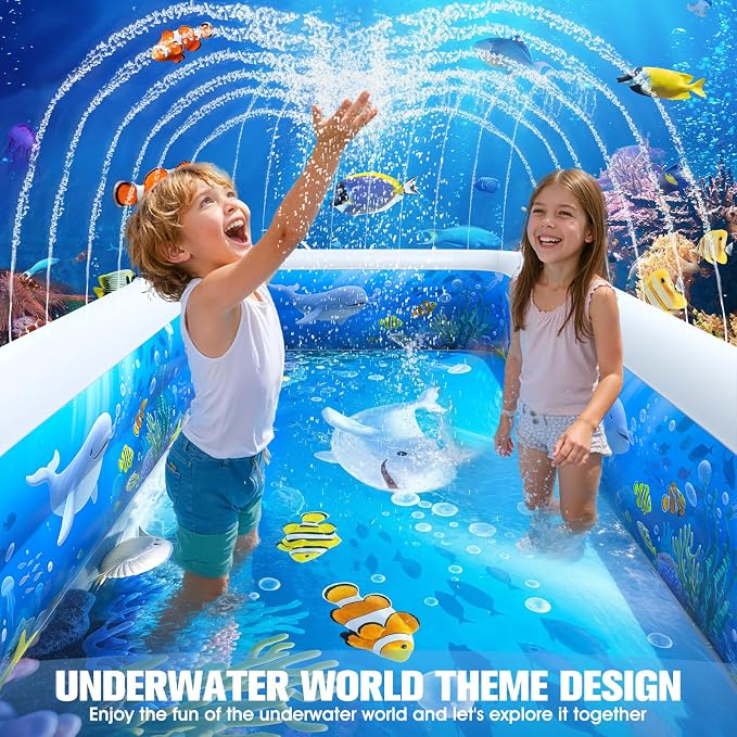 2026 Inflatable Pool with Sprinkler,Durable Blow up Pool with Big Backrest, Rectangle Kid Pool Backyard,Children Swimming Pool,Small Inflatable Kiddie Pool,Outdoor Water Pool for Kid71×41×25IN