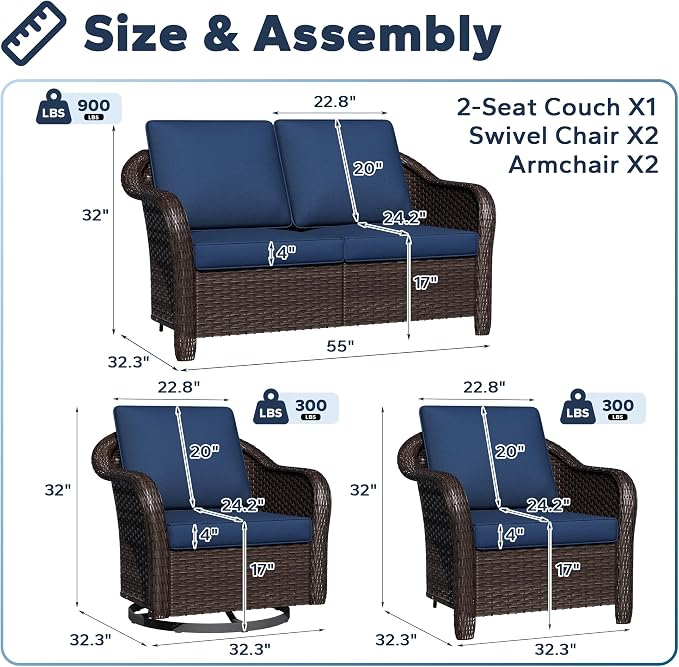 5 PCS Outdoor Conversation Set | 55" Couch, 2 Chairs, 2 Swivel Chairs, Patio Wicker Conversation Furniture with Removable Cushions for Bistro, Deck, Sunroom (Navy Blue)
