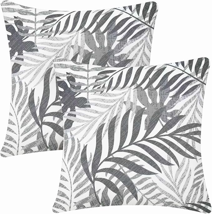 Allorry Outdoor Pillow Covers 18x18 Set of 2 Hawaii Tropics Palm Leaves Grey Floral Pattern Decoration Pillow Covers for Spring Summer Outdoor Waterproof Garden Patio Sofa Bed Decor JB010-H18