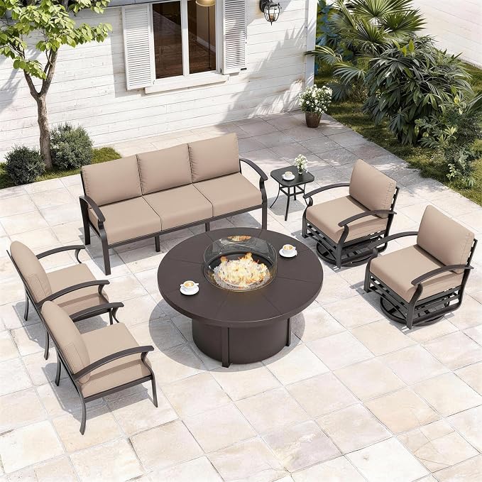 ALAULM Aluminum Patio Furniture Set with Coffee Table Rectangular, 5-seat Outdoor Sectional Furniture w/2 Swivel Chairs, Patio Conversation Set for Porch, Backyard, Poolside-Grey