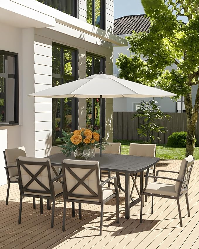 7 Pieces Outdoor Patio Dining Set, Never-Rust Aluminum Patio Table and Chairs, Outdoor Dining Set for 6 with Cushions, Patio Furniture Set for Deck, Garden, Backyard, Gunmetal